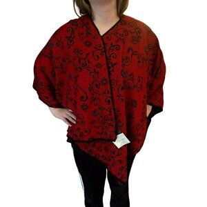 Tey-Art Alpaca Cape Red Black Floral Shawl Handcrafted Reversible Wrap Poncho